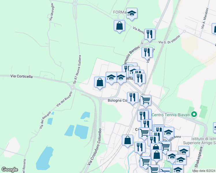 map of restaurants, bars, coffee shops, grocery stores, and more near 11 Via Andrea Costa in Villa Salina