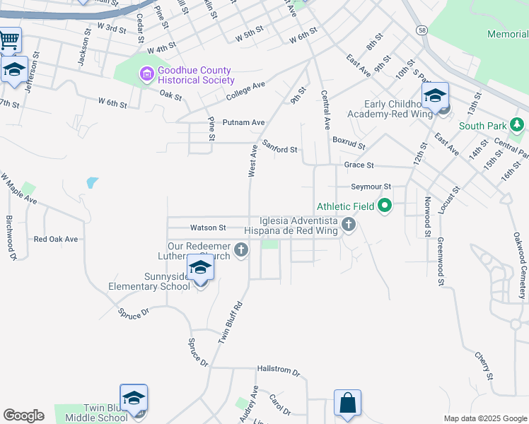 map of restaurants, bars, coffee shops, grocery stores, and more near 904 Hawthorne Street in Red Wing