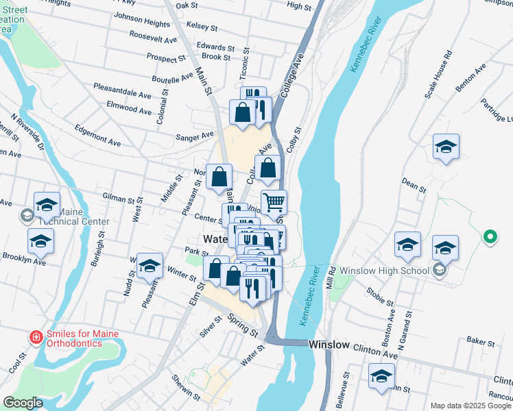 map of restaurants, bars, coffee shops, grocery stores, and more near 14 Union Street in Waterville