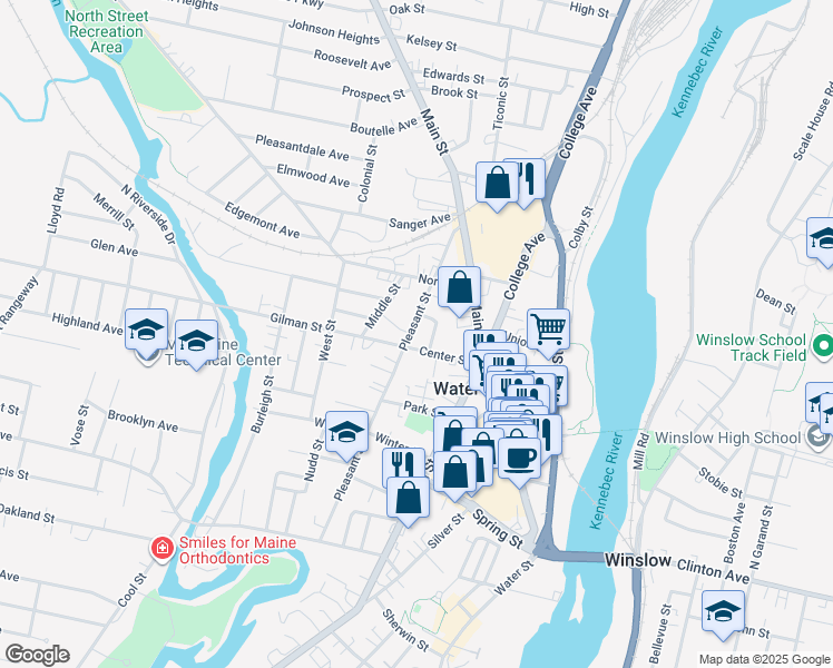 map of restaurants, bars, coffee shops, grocery stores, and more near 69 Pleasant Street in Waterville