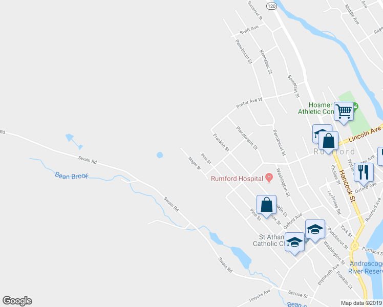 map of restaurants, bars, coffee shops, grocery stores, and more near 632 Maple Street in Rumford