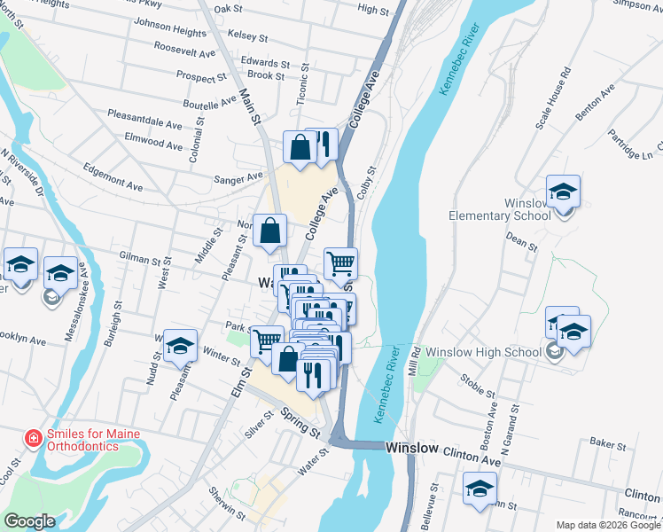 map of restaurants, bars, coffee shops, grocery stores, and more near 3 Union Street in Waterville