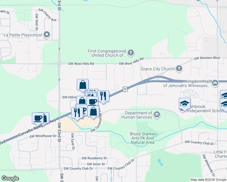 map of restaurants, bars, coffee shops, grocery stores, and more near 1174 Southwest Sylvia Street in Corvallis