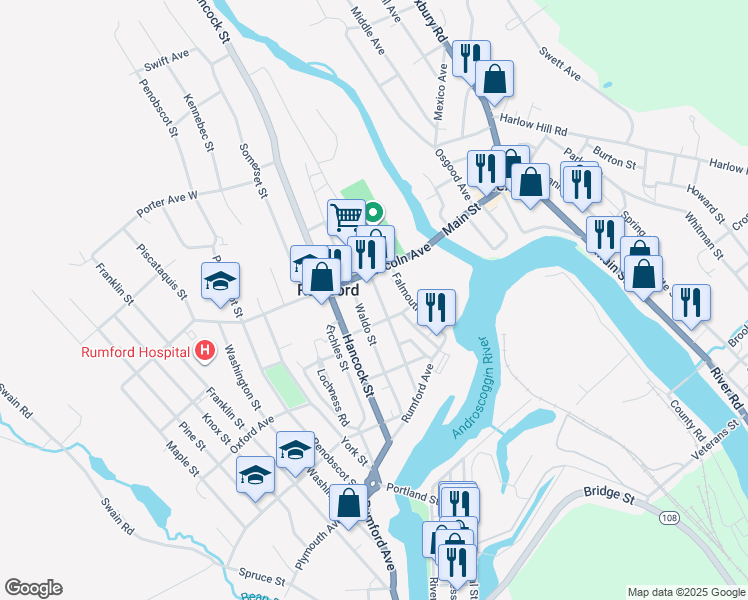 map of restaurants, bars, coffee shops, grocery stores, and more near 401 Waldo Street in Rumford