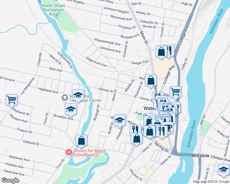 map of restaurants, bars, coffee shops, grocery stores, and more near 21 Gilman Street in Waterville