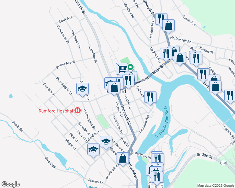 map of restaurants, bars, coffee shops, grocery stores, and more near in Rumford