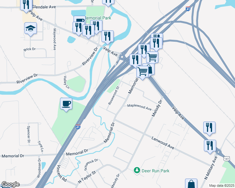 map of restaurants, bars, coffee shops, grocery stores, and more near 1841 Rosewood Street in Howard