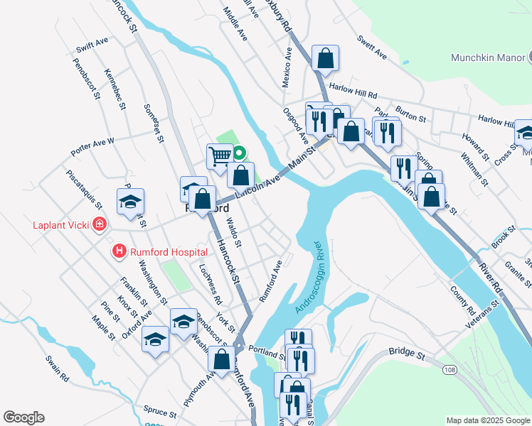 map of restaurants, bars, coffee shops, grocery stores, and more near 65 Essex Avenue in Rumford