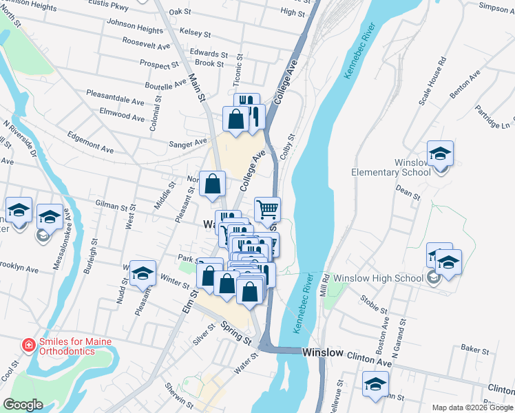 map of restaurants, bars, coffee shops, grocery stores, and more near 21 College Avenue in Waterville