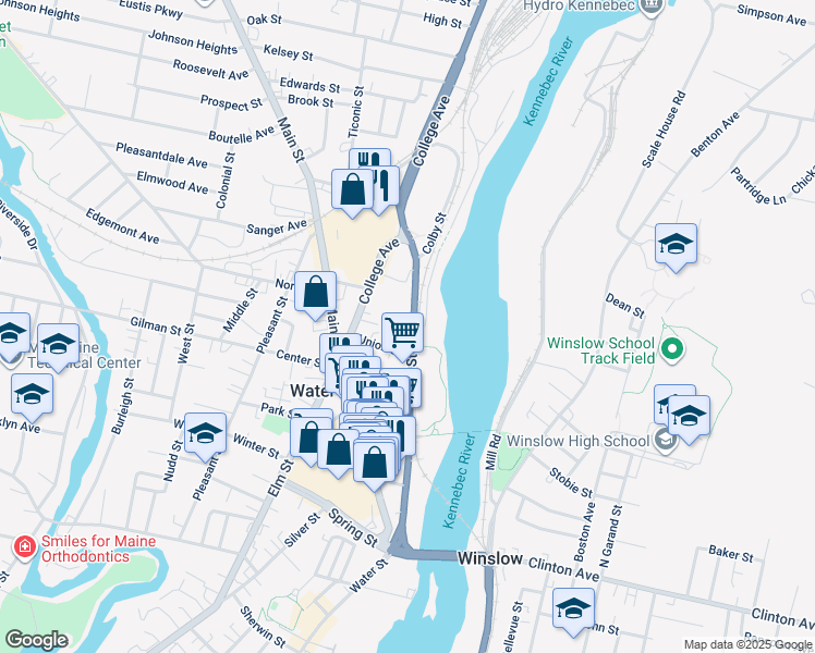 map of restaurants, bars, coffee shops, grocery stores, and more near 3 Front Court in Waterville