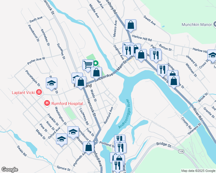 map of restaurants, bars, coffee shops, grocery stores, and more near 65 Falmouth Street in Rumford