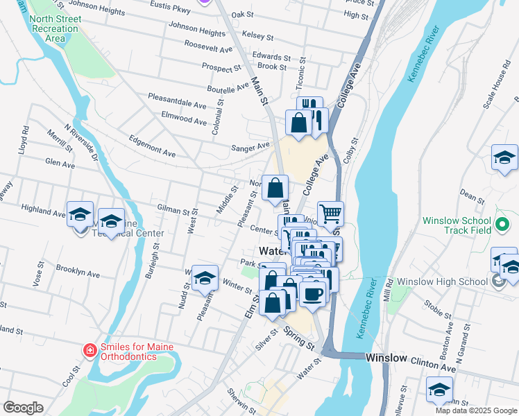 map of restaurants, bars, coffee shops, grocery stores, and more near 85 Pleasant Street in Waterville