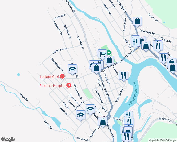 map of restaurants, bars, coffee shops, grocery stores, and more near 523 Somerset Street in Rumford