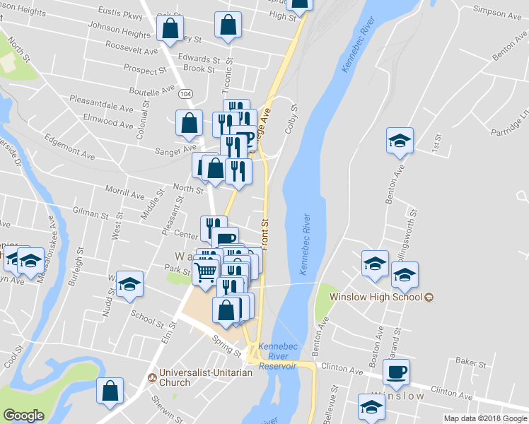 map of restaurants, bars, coffee shops, grocery stores, and more near 6 Front Place in Waterville