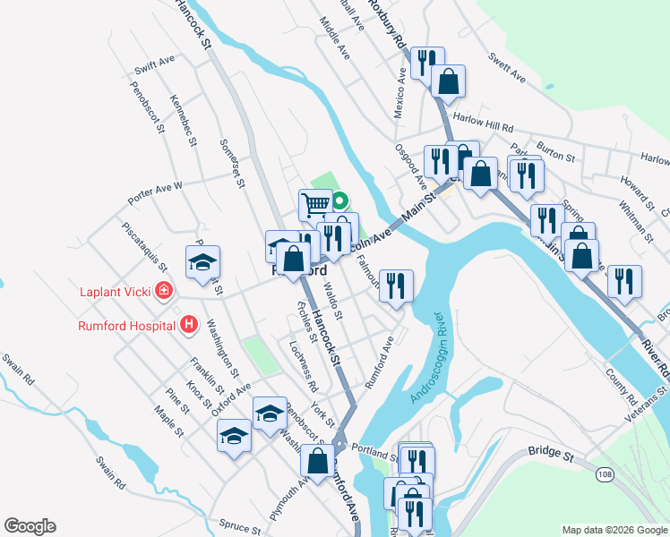 map of restaurants, bars, coffee shops, grocery stores, and more near 435 Cumberland Street in Rumford