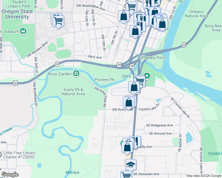 map of restaurants, bars, coffee shops, grocery stores, and more near 273 Southwest Twin Oaks Circle in Corvallis
