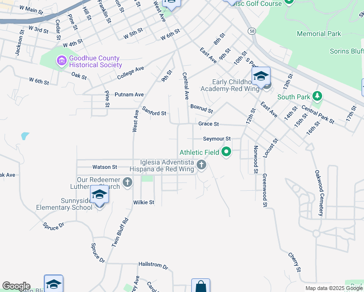 map of restaurants, bars, coffee shops, grocery stores, and more near 1305 Central Avenue in Red Wing