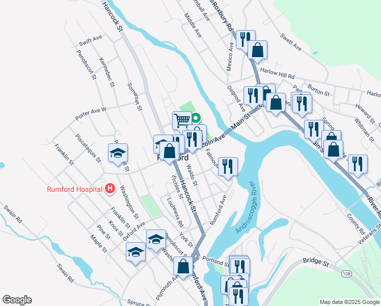 map of restaurants, bars, coffee shops, grocery stores, and more near 59 Lincoln Avenue in Rumford