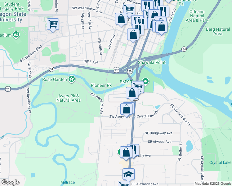 map of restaurants, bars, coffee shops, grocery stores, and more near 251 Southwest Mobile Place in Corvallis
