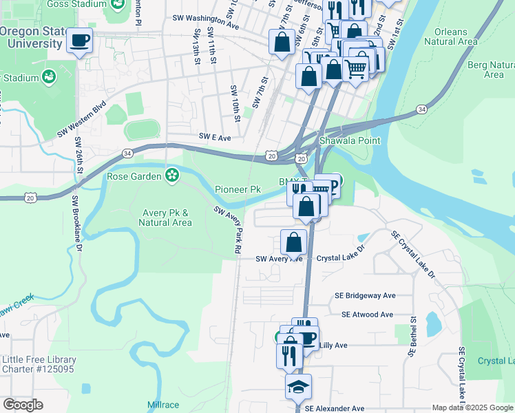 map of restaurants, bars, coffee shops, grocery stores, and more near 273 Southwest Twin Oaks Circle in Corvallis