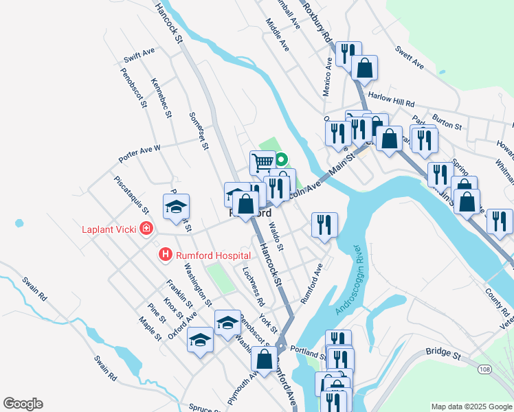 map of restaurants, bars, coffee shops, grocery stores, and more near in Rumford