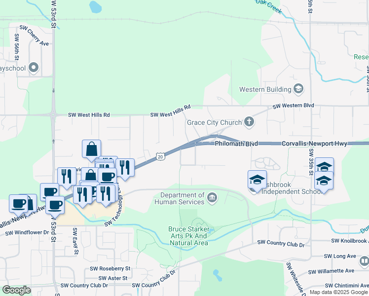 map of restaurants, bars, coffee shops, grocery stores, and more near in Corvallis