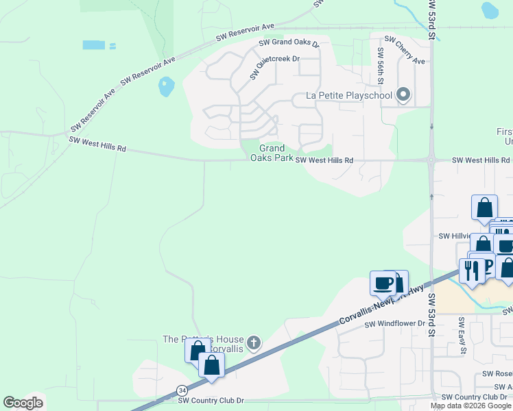 map of restaurants, bars, coffee shops, grocery stores, and more near 5890 West Hills Road in Corvallis