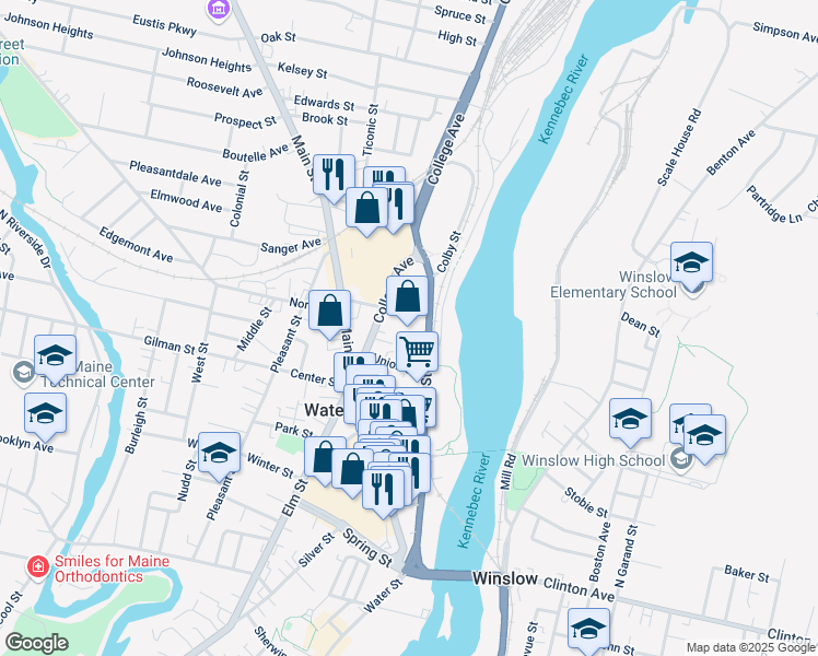 map of restaurants, bars, coffee shops, grocery stores, and more near 3 Front Court in Waterville
