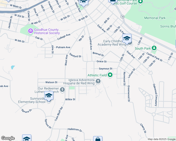 map of restaurants, bars, coffee shops, grocery stores, and more near 1305 Central Avenue in Red Wing