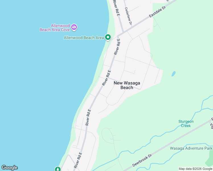 map of restaurants, bars, coffee shops, grocery stores, and more near 1077 River Road East in Wasaga Beach