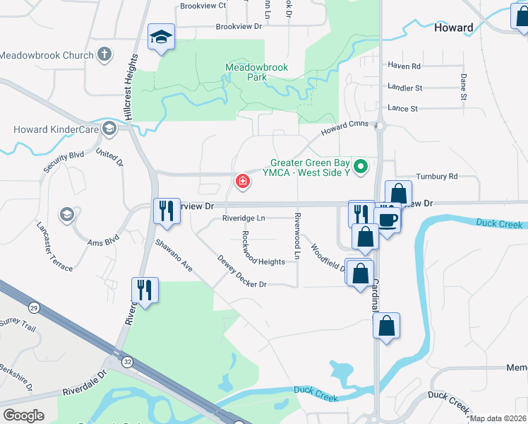 map of restaurants, bars, coffee shops, grocery stores, and more near 2788 Riveridge Lane in Green Bay