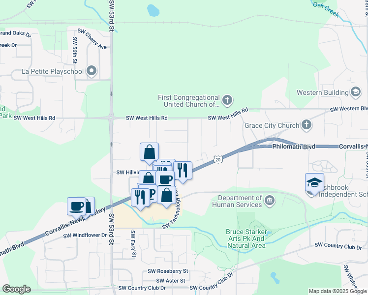map of restaurants, bars, coffee shops, grocery stores, and more near 4830 Southwest Dresden Avenue in Corvallis