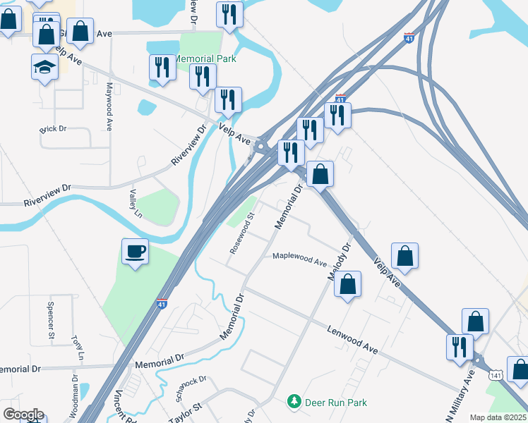 map of restaurants, bars, coffee shops, grocery stores, and more near 1841 Rosewood Street in Howard