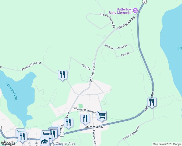 map of restaurants, bars, coffee shops, grocery stores, and more near 211 Old Trunk 3 Road in Chester