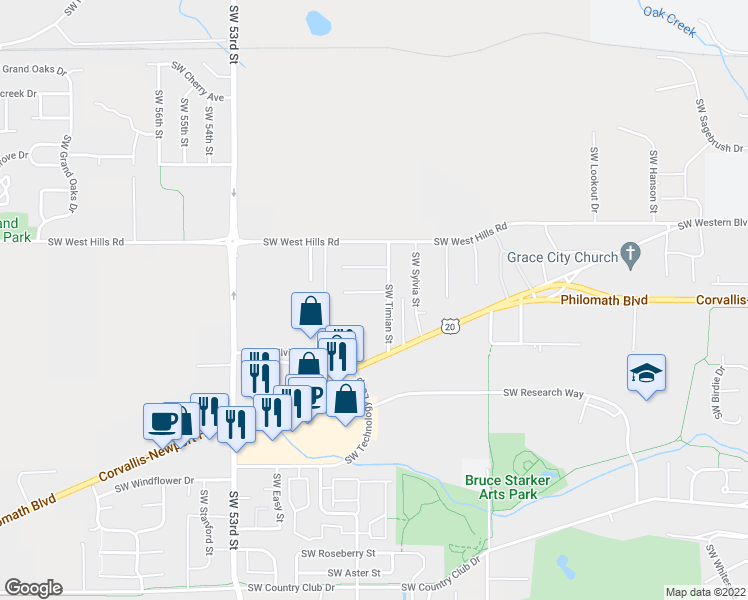 map of restaurants, bars, coffee shops, grocery stores, and more near 4830 Southwest Dresden Avenue in Corvallis