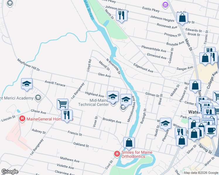 map of restaurants, bars, coffee shops, grocery stores, and more near 58 Mayflower Hill Drive in Waterville