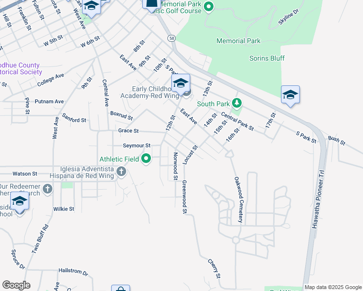 map of restaurants, bars, coffee shops, grocery stores, and more near 617 Norwood Street in Red Wing