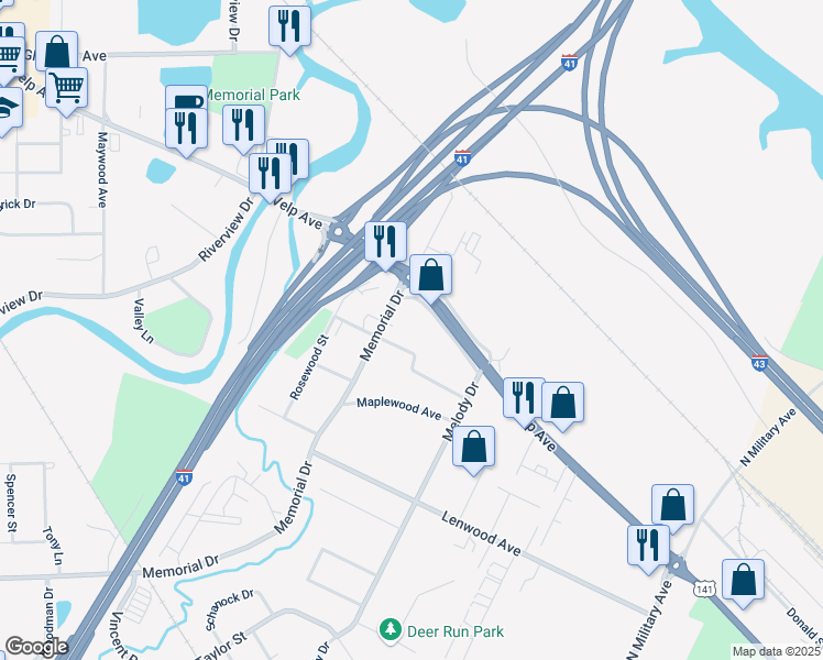 map of restaurants, bars, coffee shops, grocery stores, and more near 1845 Velp Avenue in Green Bay