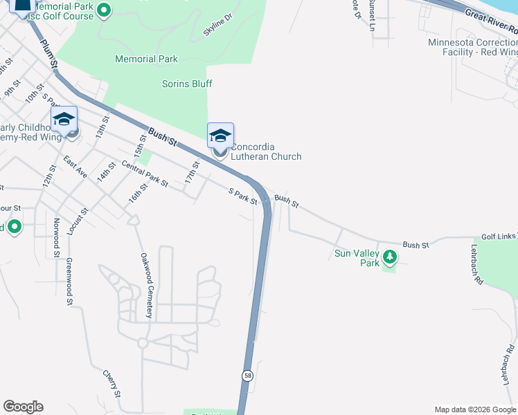 map of restaurants, bars, coffee shops, grocery stores, and more near 509 20th St in Red Wing
