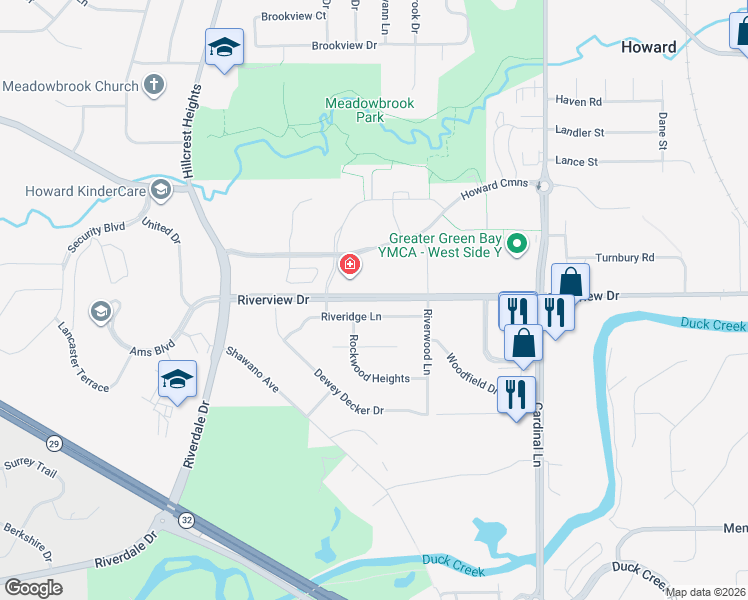 map of restaurants, bars, coffee shops, grocery stores, and more near 2788 Riveridge Lane in Green Bay