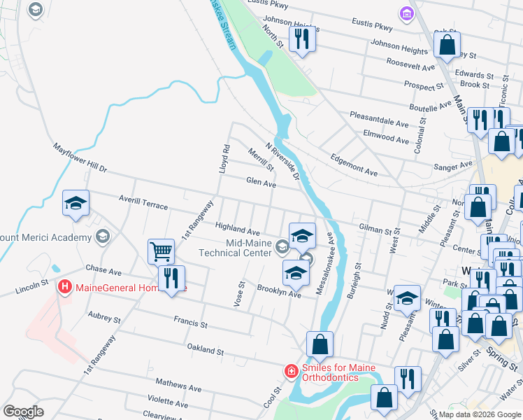 map of restaurants, bars, coffee shops, grocery stores, and more near 58 Mayflower Hill Drive in Waterville