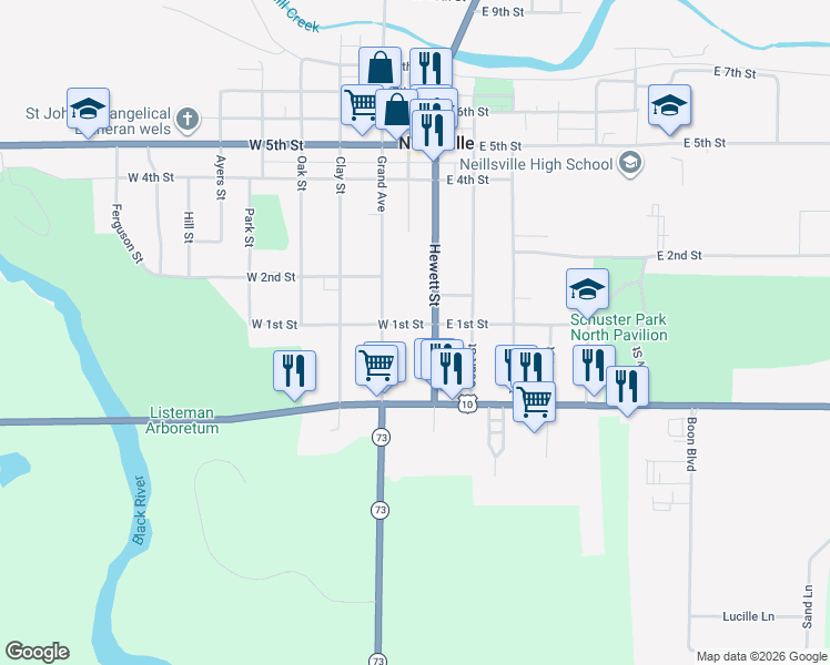 map of restaurants, bars, coffee shops, grocery stores, and more near 108 West 1st Street in Neillsville