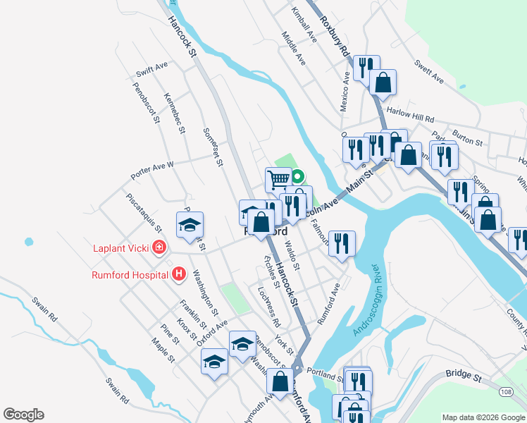 map of restaurants, bars, coffee shops, grocery stores, and more near in Rumford