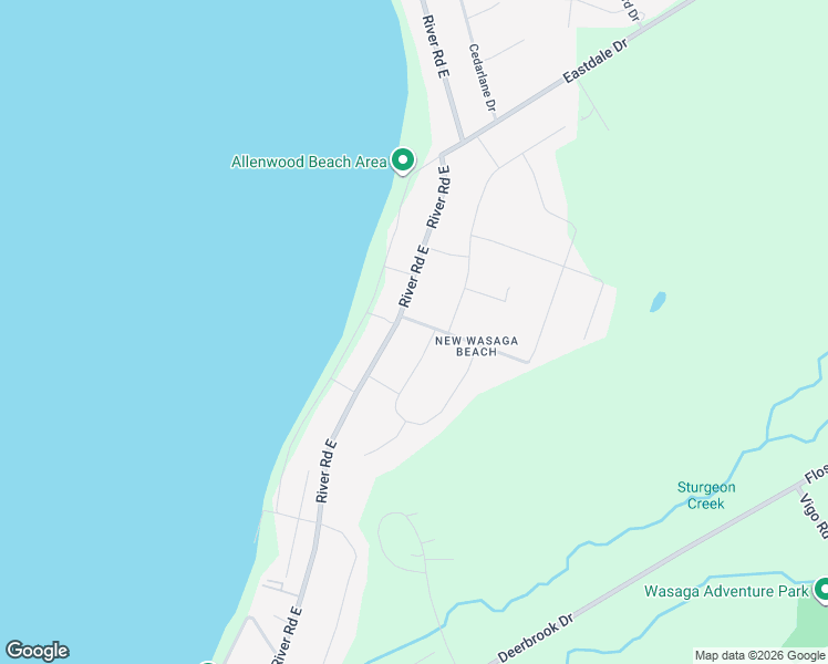 map of restaurants, bars, coffee shops, grocery stores, and more near 1079 River Road East in Wasaga Beach
