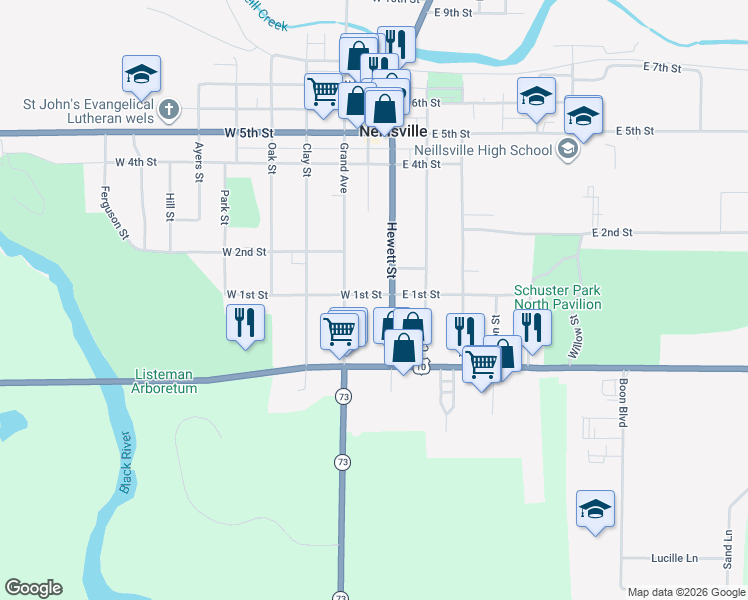 map of restaurants, bars, coffee shops, grocery stores, and more near 108 West 1st Street in Neillsville