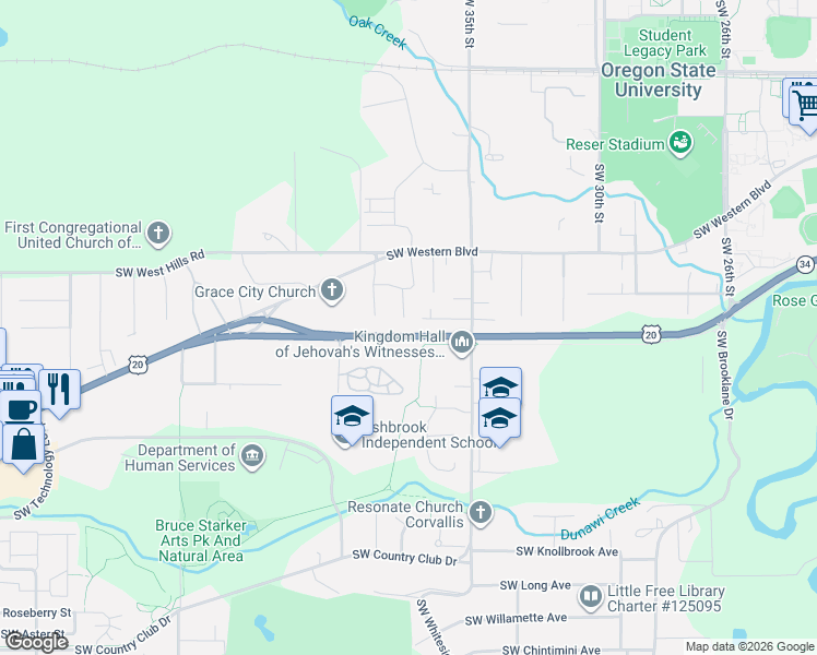 map of restaurants, bars, coffee shops, grocery stores, and more near 1240 Southwest 37th Street in Corvallis