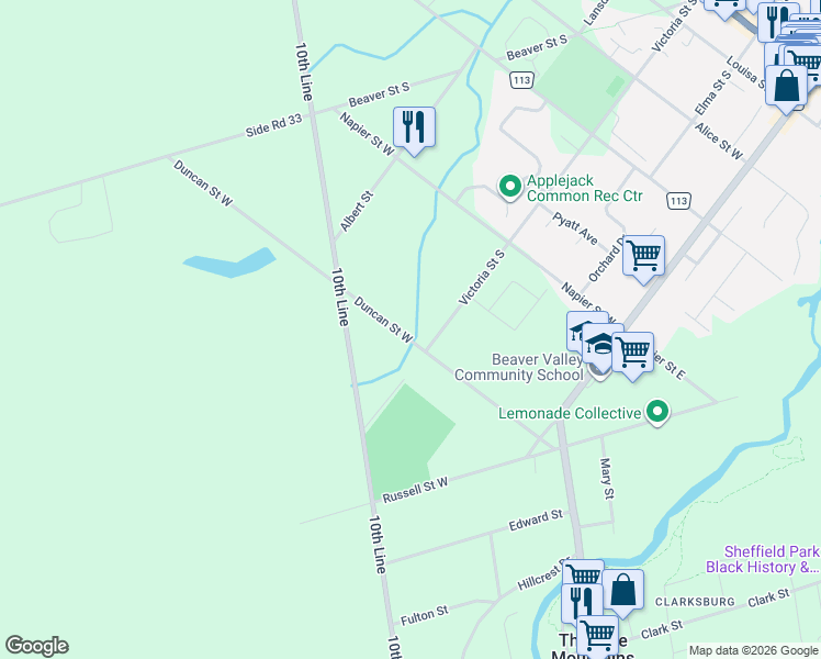 map of restaurants, bars, coffee shops, grocery stores, and more near 90 Duncan Street West in Thornbury