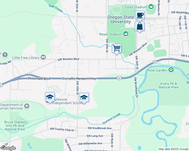 map of restaurants, bars, coffee shops, grocery stores, and more near 1160 Southwest Poplar Place in Corvallis