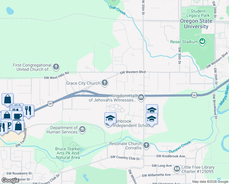 map of restaurants, bars, coffee shops, grocery stores, and more near 1175 Southwest Ivy Place in Corvallis