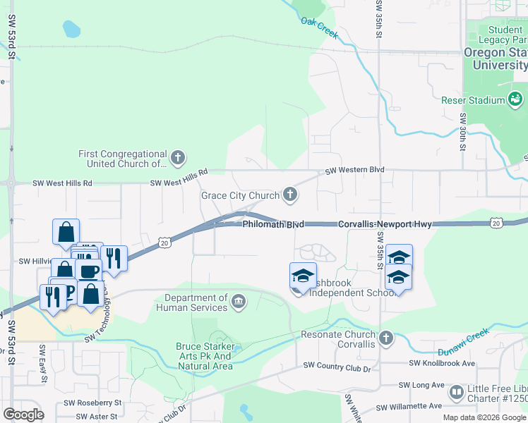 map of restaurants, bars, coffee shops, grocery stores, and more near 4030 Southwest Western Boulevard in Corvallis